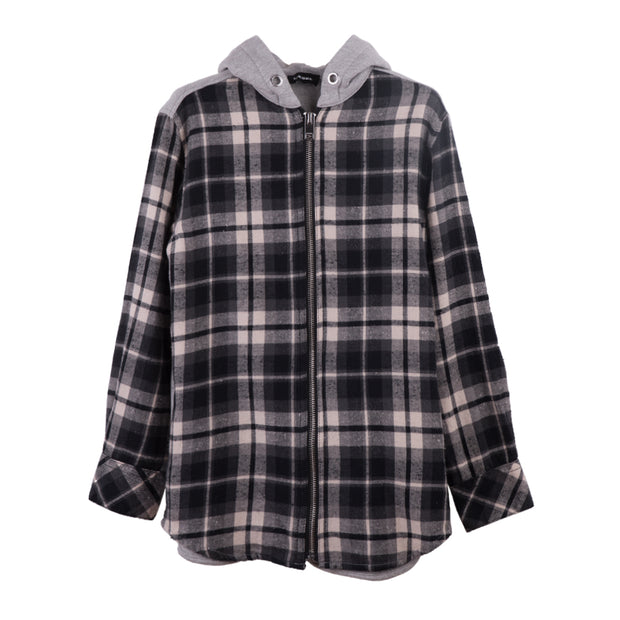 Grey and Green Checked Hooded Shirt