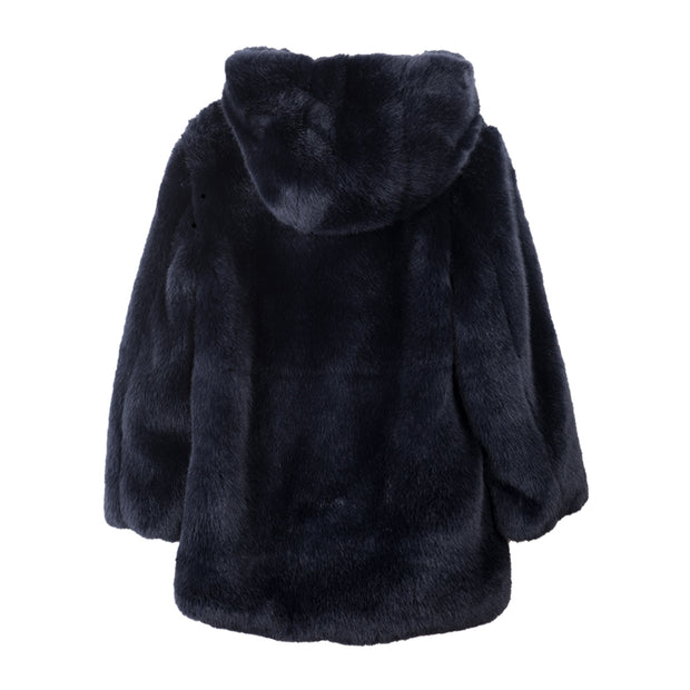 Navy Blue Faux Fur Hooded Long Coat